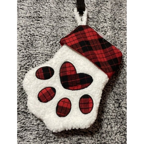Christmas Stocking Cat Dog Paw Red Black Plaid Heart Sherpa Rustic Cabin NEW 13” - Picture 1 of 2